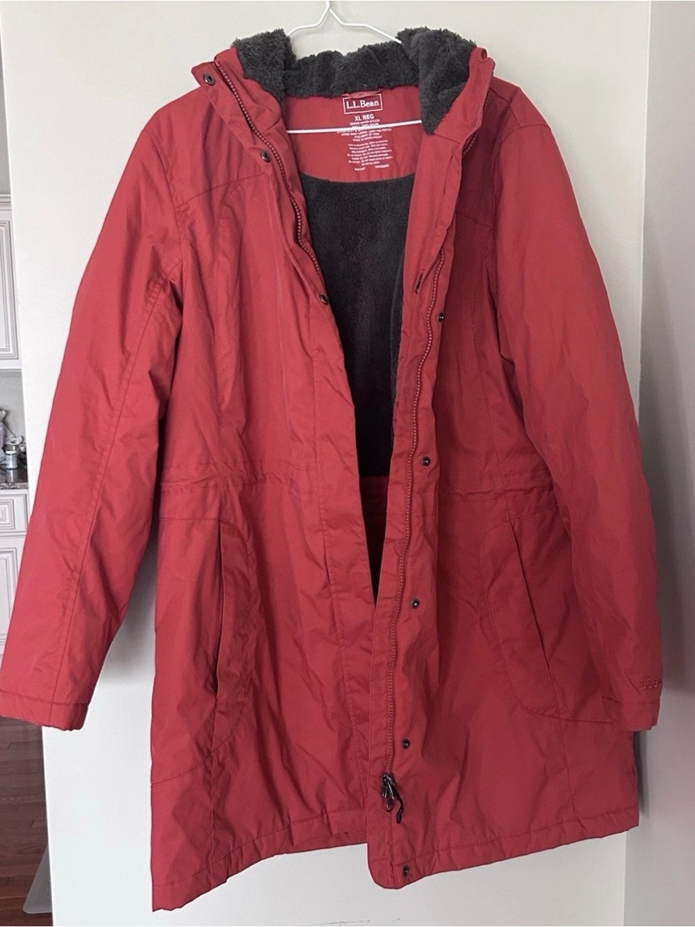 L.L. Bean Women's Red Hooded Puffer Coat with Fleece Lining